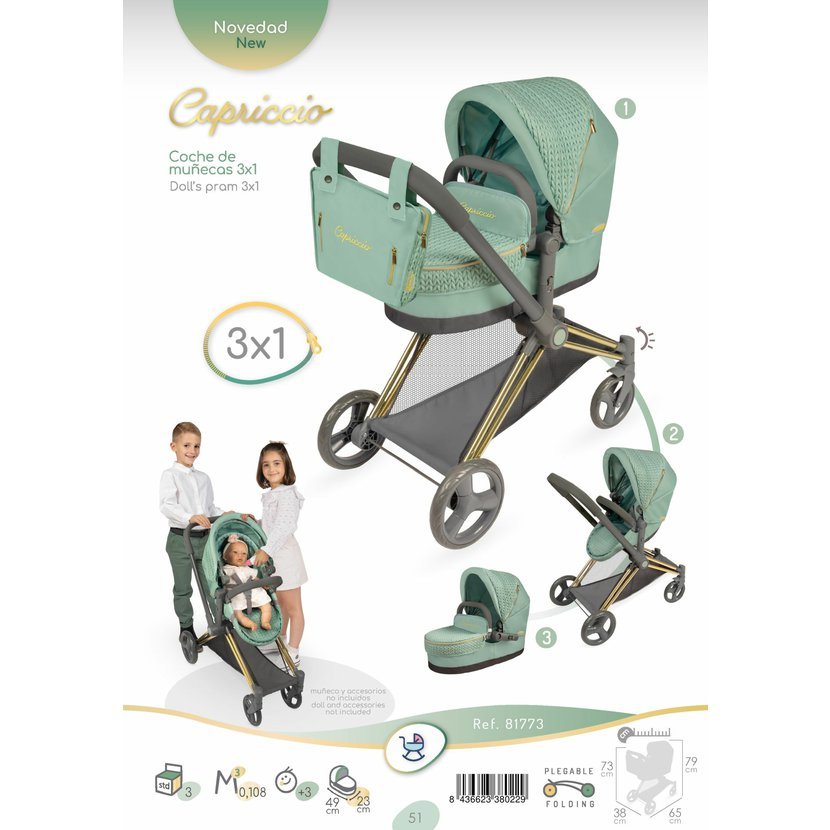 DeCuevas 81773 Skládací kočárek pro panenky 3 v 1 s taškou Capriccio 2025 - 73 cm - Obrázek 2