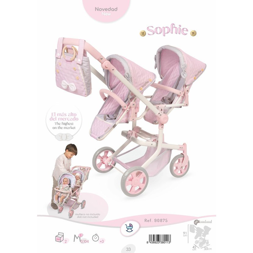 DeCuevas 90875 Skládací kočárek pro dvojčata panenky s taškou Sophie 2025 - 91 cm - Obrázek 2