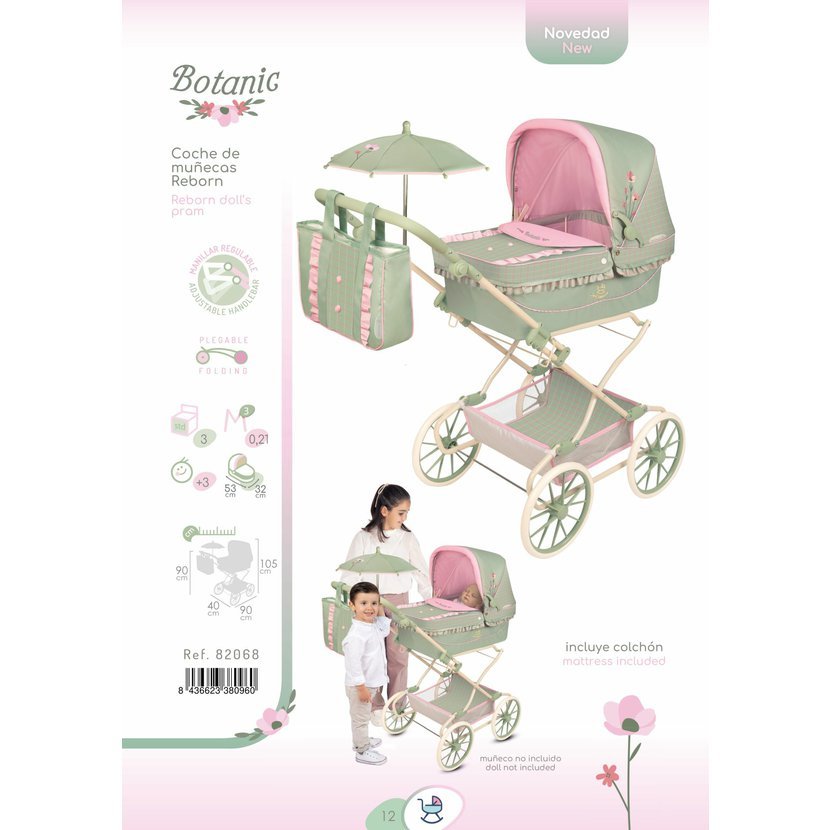 DeCuevas 82068 Skládací kočárek pro panenky REBORN se slunečníkem a doplňky Botanic 2026 – 90 cm - Obrázek 2